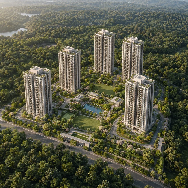 Prestige Bannerghatta Road aerial view of the towers and the green belt, artist's impression