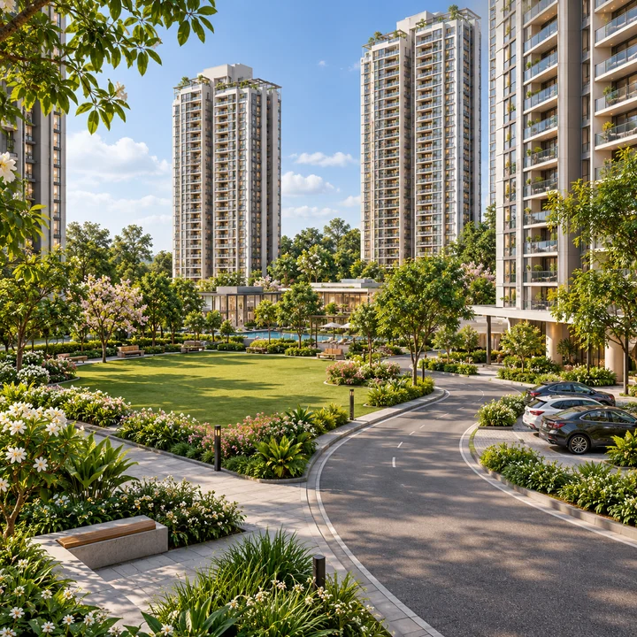 Prestige Bannerghatta Road open ground and internal road, artist's impression Prestige Bannerghatta Road open ground and internal road, artist's impression