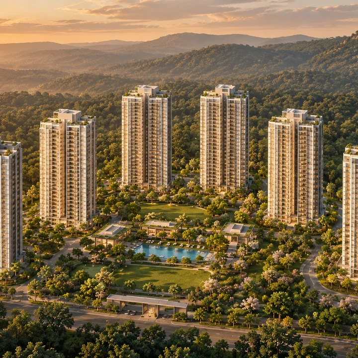 Prestige Bannerghatta Road six residential towers with forested hills behind, artist's impression