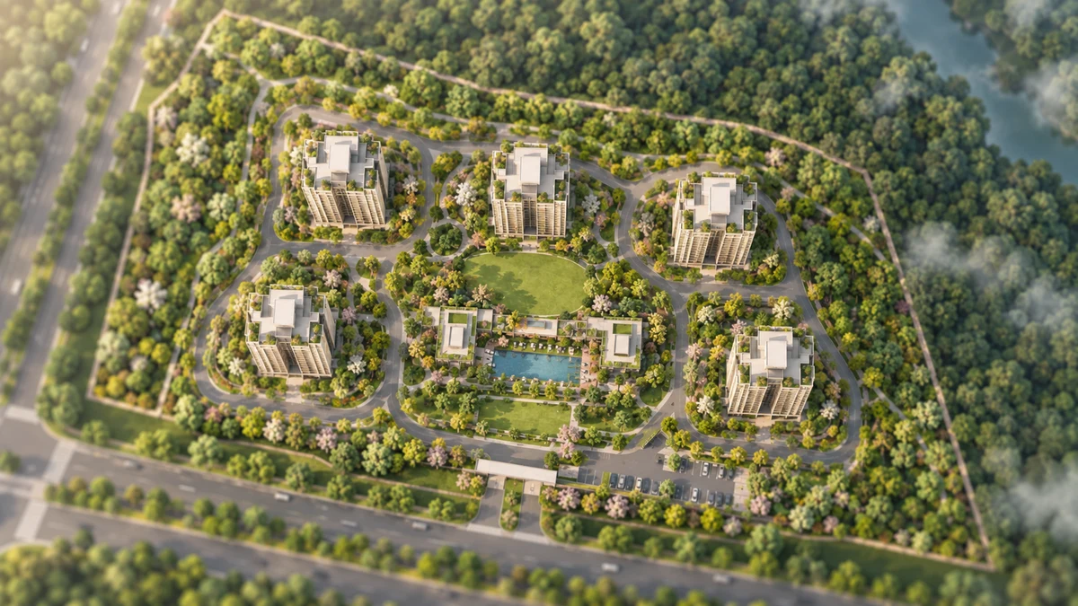 Prestige Bannerghatta Road illustrative site plan with six towers, clubhouse and green belt