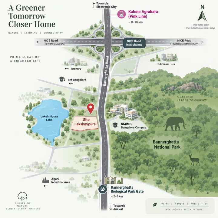Prestige Bannerghatta Road location map at Lakshmipura with Bannerghatta National Park, the Biological Park and the NICE Road interchange