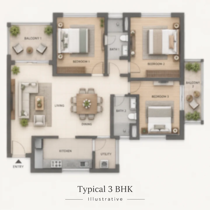 Illustrative 3 BHK apartment layout, not a Prestige Bannerghatta Road plan